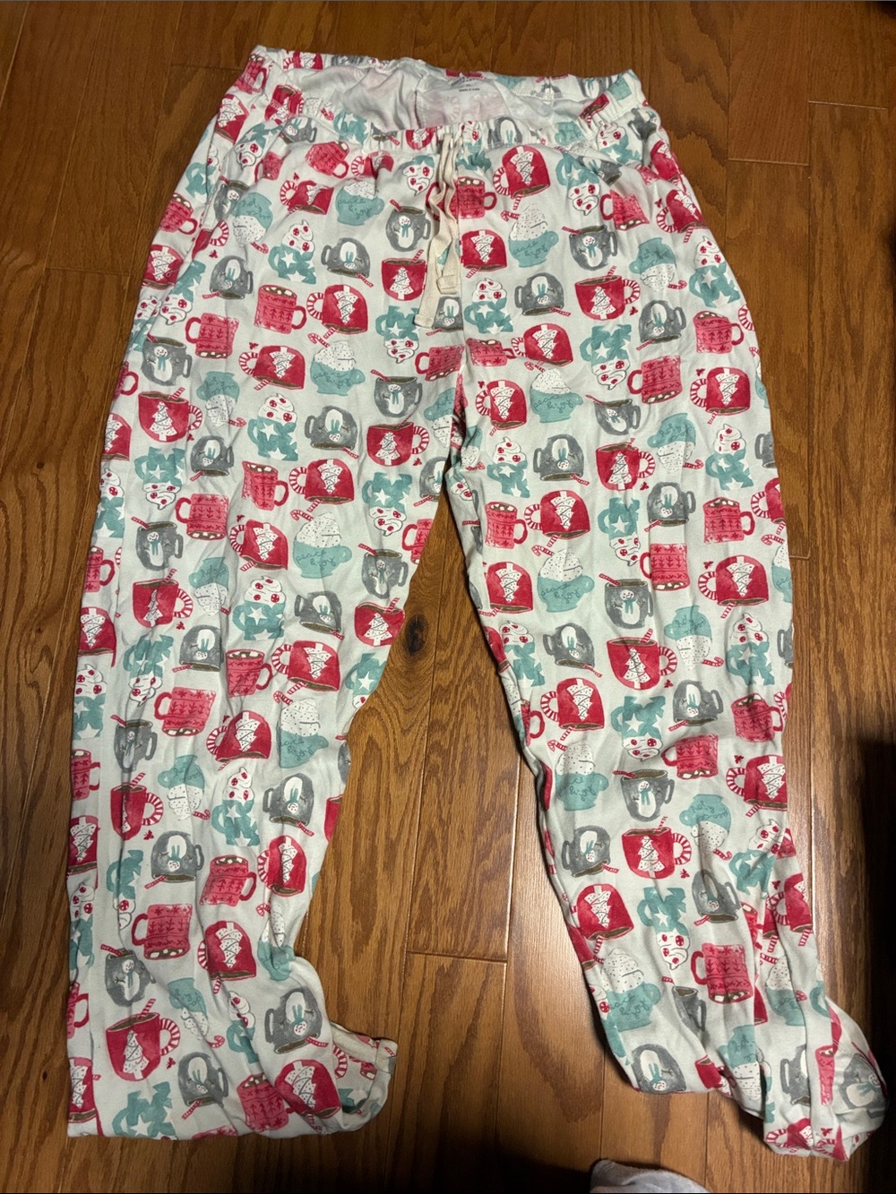 Men's Holiday Mug-Print Pajama Pants - White with Red & Teal Accents